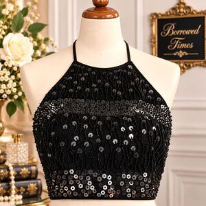 Vintage Clothes Compact Black Sequin Halter Top One Size Goth Y2K Party